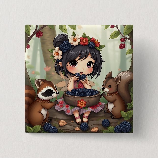 Macaron Carré 5 Cm Chibi Fairy Eating Blackberries with Forest Friend (Devant)