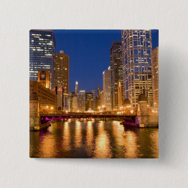 Macaron Carré 5 Cm Chicago, Illinois, Skyline et Chicago River à (Devant)