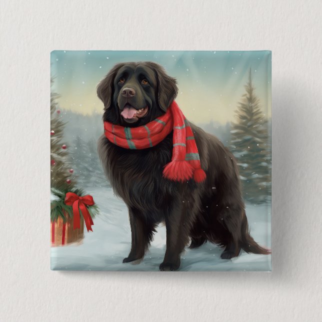 Macaron Carré 5 Cm Chien de Terre-Neuve à Noël de neige (Devant)
