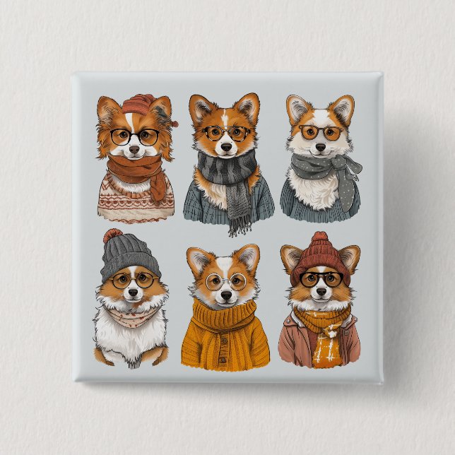 Macaron Carré 5 Cm Chiens de Corgi gallois branchés (Devant)