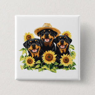 Macaron Carré 5 Cm Chiens Rottweiler Entourés De Tournesols