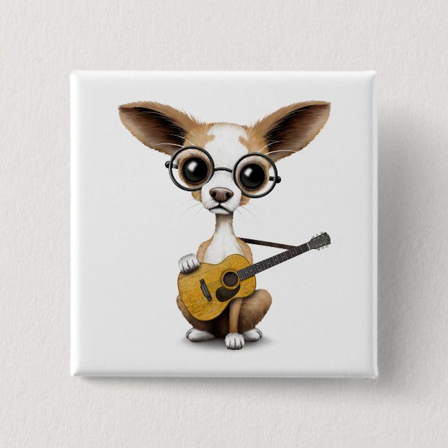 Macaron Carré 5 Cm Chiot de chiwawa jouant la vieille guitare (Devant)