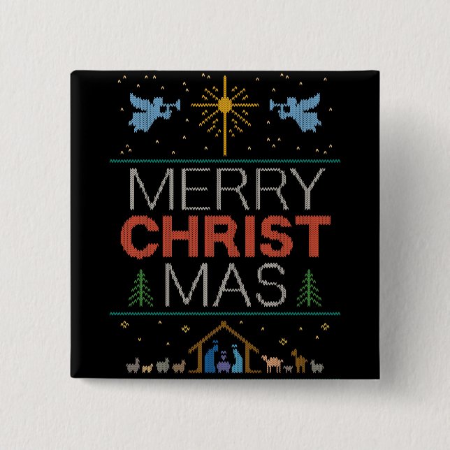 Macaron Carré 5 Cm Chrétien religieux moche joyeux pull Noël (Devant)