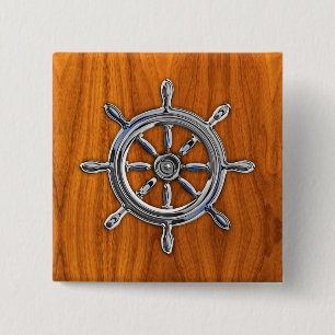 Macaron Carré 5 Cm Chrome style Nautical Wheel on Teak