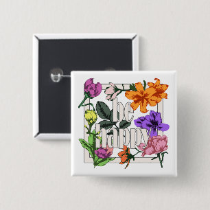 Macaron Carré 5 Cm Citation positive Be Happy and garden flowers