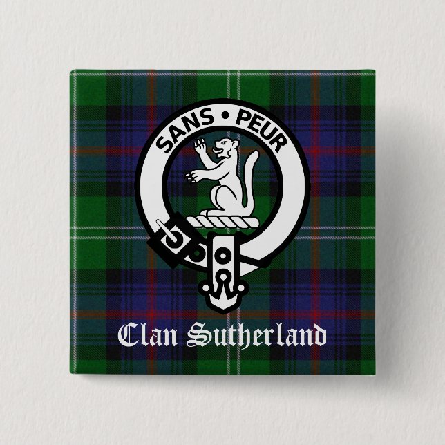 Macaron Carré 5 Cm Clan Sutherland Crest & Tartan (Devant)