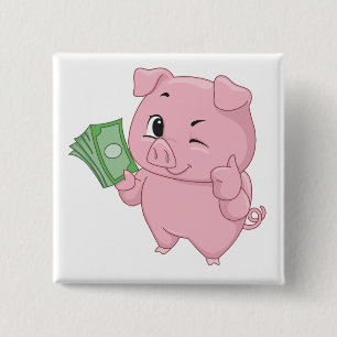 Macaron Carré 5 Cm Cochon Rose Tenant de l'Argent Faisant un Pouce en