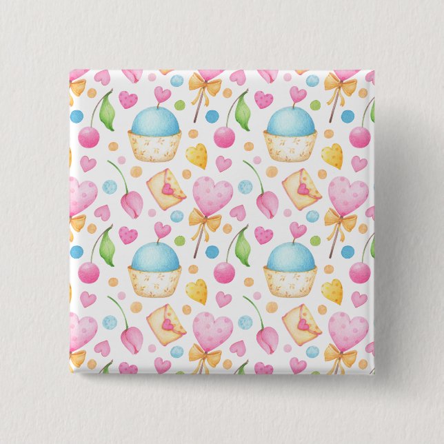 Macaron Carré 5 Cm Coeurs et cupcakes Motif d'aquarelle (Devant)