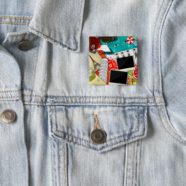 Macaron Carré 5 Cm Collage de voyage avec des sites touristiques embl (Créateur téléchargé)