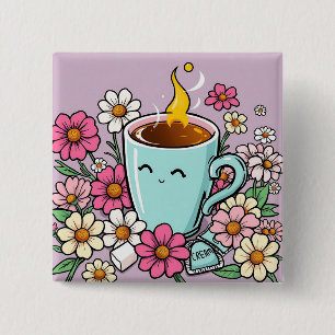 Macaron Carré 5 Cm Coupe Whimsical de Café Chaud et Fleurs