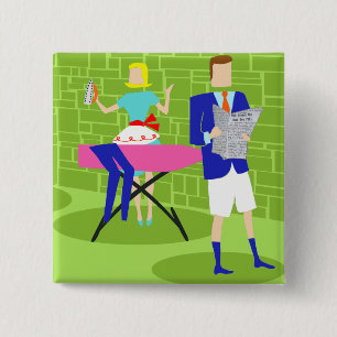 Macaron Carré 5 Cm Couple de dessin rétro au bouton Accueil