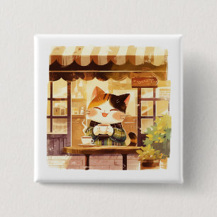 Macaron Carré 5 Cm Cute Cat dégustant du café au Cosy Café