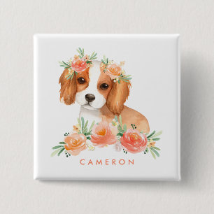 Macaron Carré 5 Cm Cute Cavalier King Charles Spaniel Orange Floral