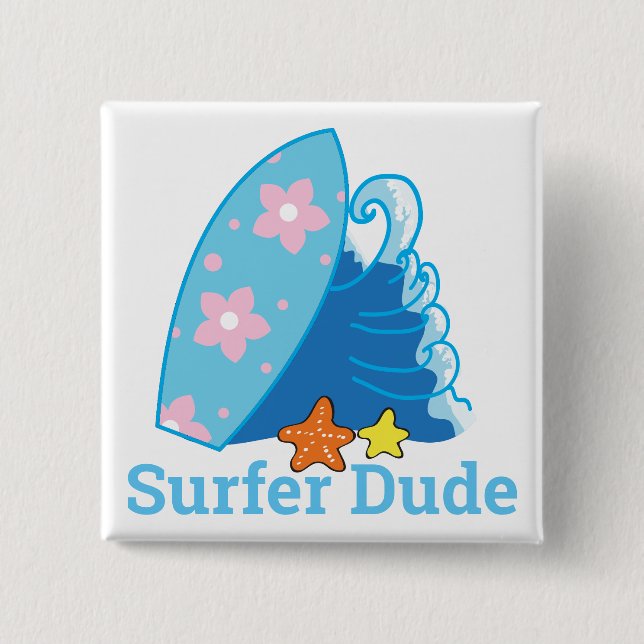 Macaron Carré 5 Cm Cute Little Surfer Dude Surfboard et Wave (Devant)