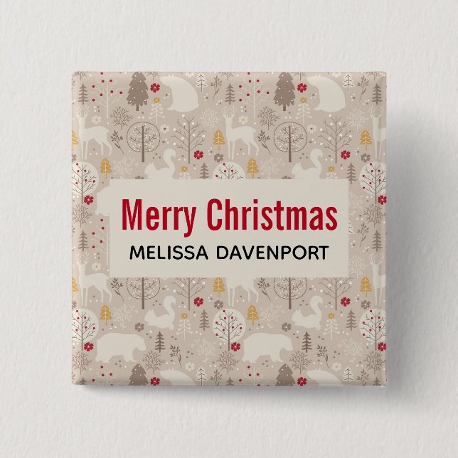 Macaron Carré 5 Cm Cute Woodland Animaux Nordic Motif Noël (Devant)