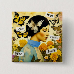 Macaron Carré 5 Cm Dame vintage, papillons, fleurs et inspirant