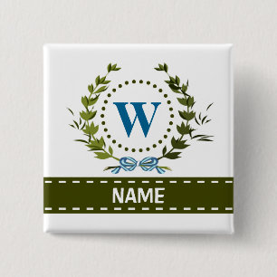 Macaron Carré 5 Cm Delicate Ivy Wreath and Bow Name with Monogram W