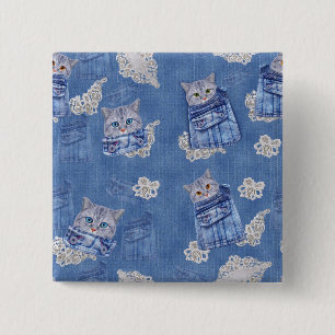 Macaron Carré 5 Cm Denim Jean poches, chatons et dentelle