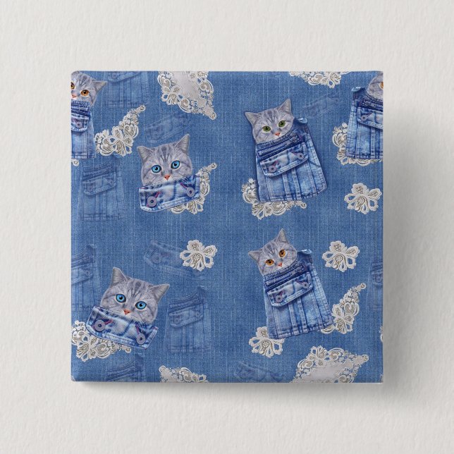 Macaron Carré 5 Cm Denim Jean poches, chatons et dentelle (Devant)