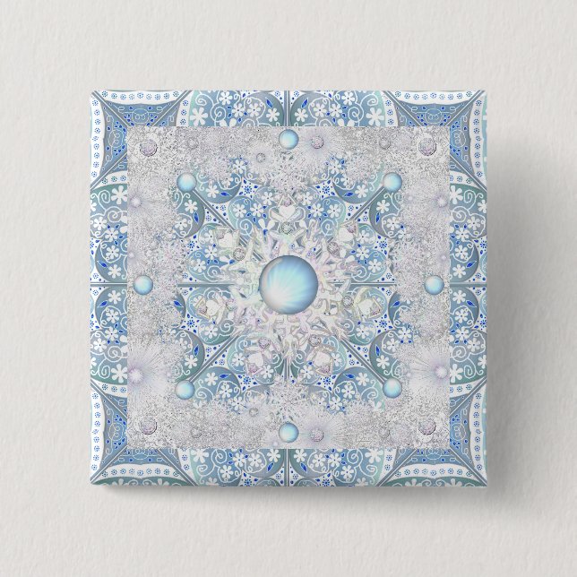Macaron Carré 5 Cm Dentelle en céramique bleu et flocons de neige (Devant)