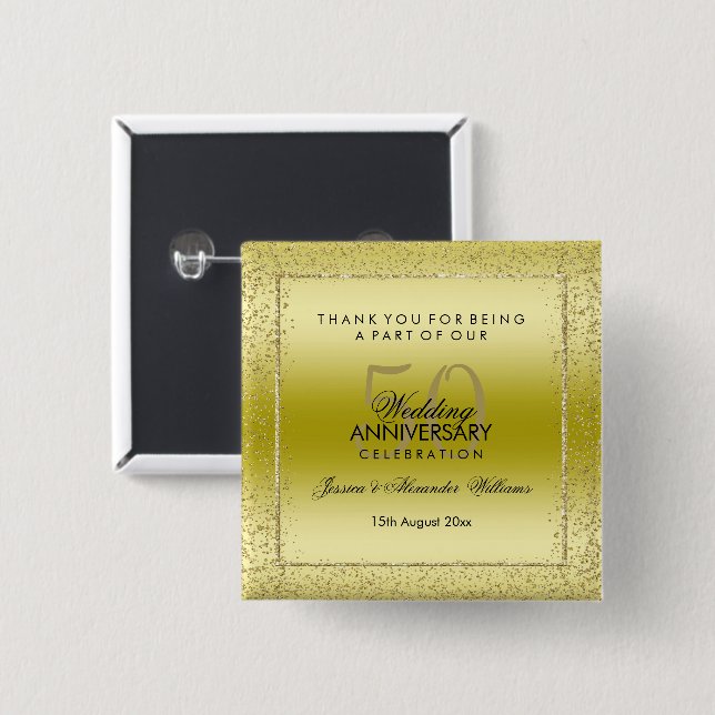 Macaron Carré 5 Cm Design Gold Confetti 50e Merci Mariage (Devant & derrière)