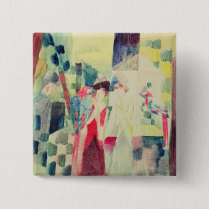 Macaron Carré 5 Cm Deux femmes et un homme avec des perroquets, 20ème