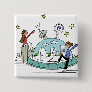 Macaron Carré 5 Cm Deux femmes s'asseyant sur une ville