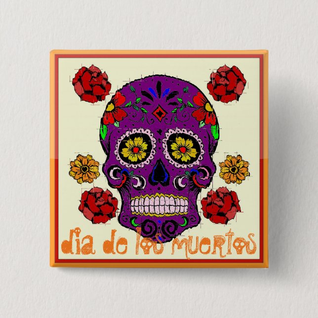 Macaron Carré 5 Cm Dia de los muertos — Bouton crâne de sucre (Devant)