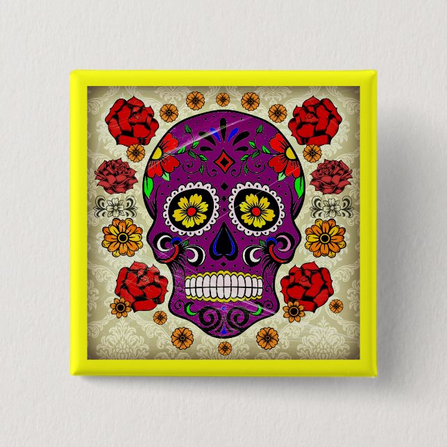 Macaron Carré 5 Cm Dia de los muertos — Bouton crâne de sucre (Devant)