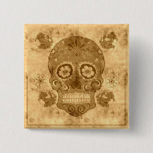 Macaron Carré 5 Cm Dia de los muertos - Crâne de sucre sépia bouton