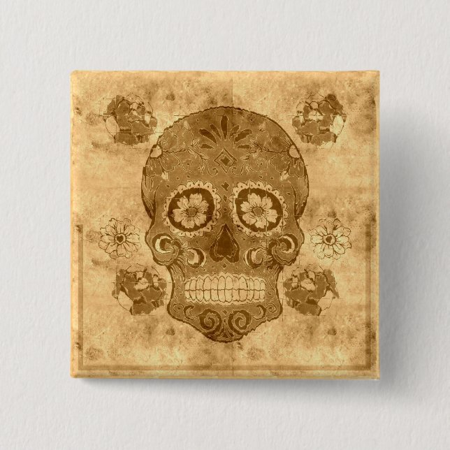 Macaron Carré 5 Cm Dia de los muertos — Sepia Sugar Skull Button (Devant)