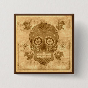 Macaron Carré 5 Cm Dia de los muertos -- Sepia Sugar Skull Button