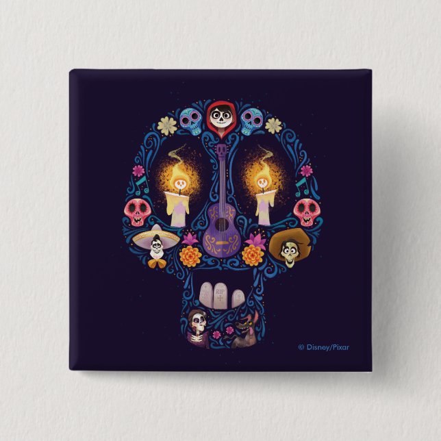 Macaron Carré 5 Cm Disney Pixar Coco | Caractère Crâne à sucre (Devant)