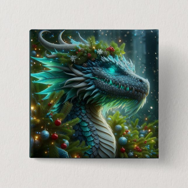 Macaron Carré 5 Cm Dragon de Noël Turquoise Magique (Devant)