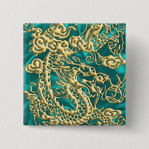 Macaron Carré 5 Cm Dragon d'or incorporé sur impression en satin Turq