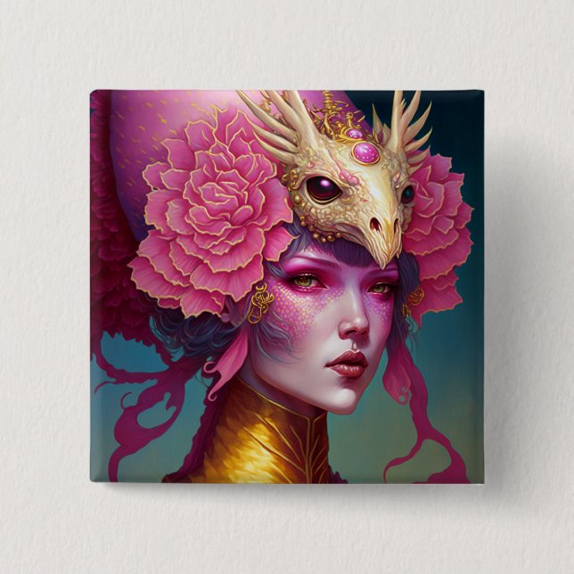 Macaron Carré 5 Cm Dragon rose Crâne Femme Imaginaire Art (Devant)