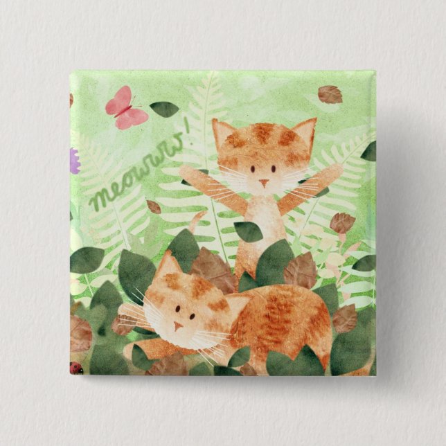 Macaron Carré 5 Cm Ébats de feuillage de chats - insigne de goupille (Devant)