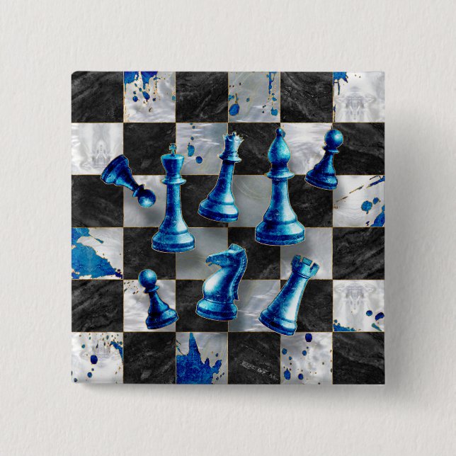 Macaron Carré 5 Cm Échecs Art Abstrait - Marbre Bleu (Devant)