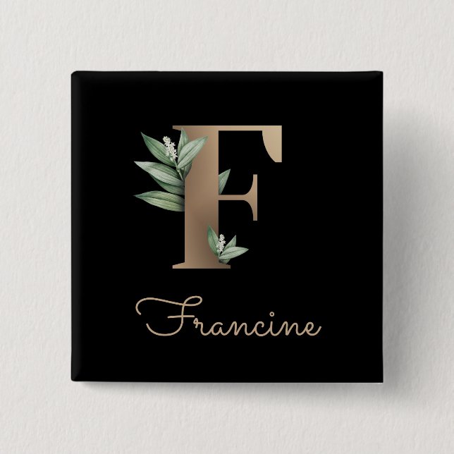 Macaron Carré 5 Cm Élégant Monogramme Botanique Gold Lettre F Bouton (Devant)