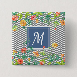 Macaron Carré 5 Cm Élégant Orange Floral Chevron Chic Blue Monogram