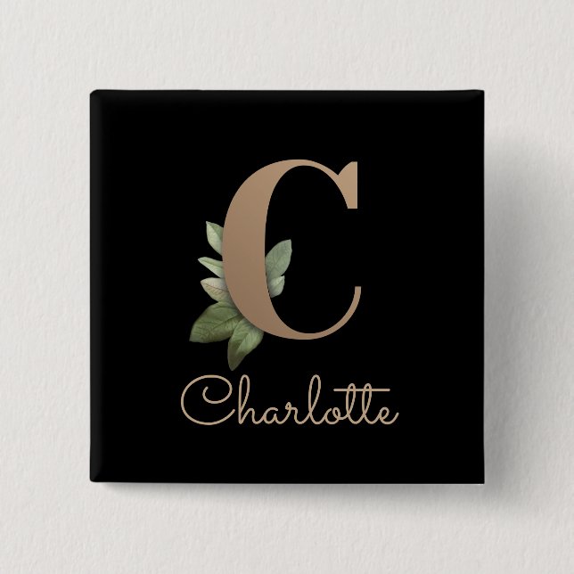 Macaron Carré 5 Cm Élégante lettre d'or Monogramme botanique C Bouton (Devant)