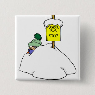 Macaron Carré 5 Cm En Attente Du Bus Scolaire En Neige D'Hiver