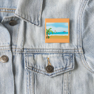 Macaron Carré 5 Cm Enfants faisant du surf sur une plage tropicale Fu