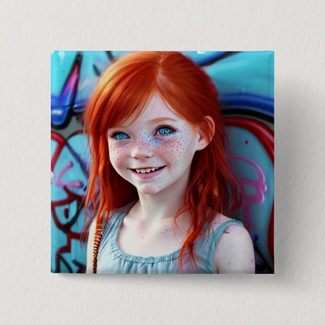 Macaron Carré 5 Cm Enfants tribaux | Jolie petite fille à tête rouge (Devant)
