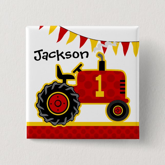 Macaron Carré 5 Cm Ęr anniversaire de tracteur rouge (Devant)