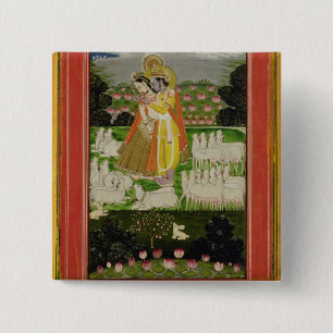 Macaron Carré 5 Cm Étreinte de Radha et de Krishna dans un landscap