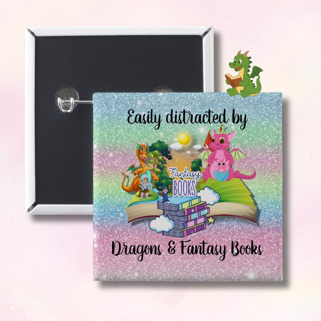 Macaron Carré 5 Cm Facilement distrait par les dragons et les livres  (Easily distracted by Dragons and Fantasy Books pin with reading dragon
)
