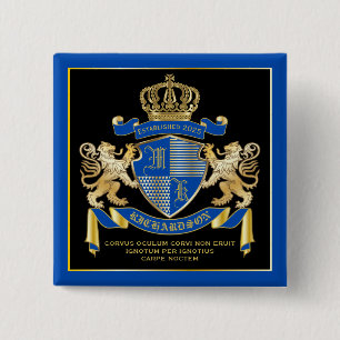 Macaron Carré 5 Cm Faites votre propre blason Bleu or Lion Emblem