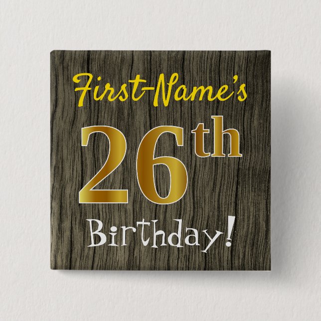 Macaron Carré 5 Cm Faux Bois, Faux Or 26e Anniversaire + Nom Personna (Devant)