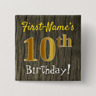 Macaron Carré 5 Cm Faux Wood, Faux Gold 10e anniversaire + Nom person
